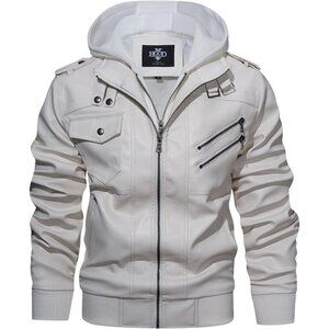 🆕 Hood Crew PU Faux Leather Zipper Jacket Men White Stand Collar Bomber Hood